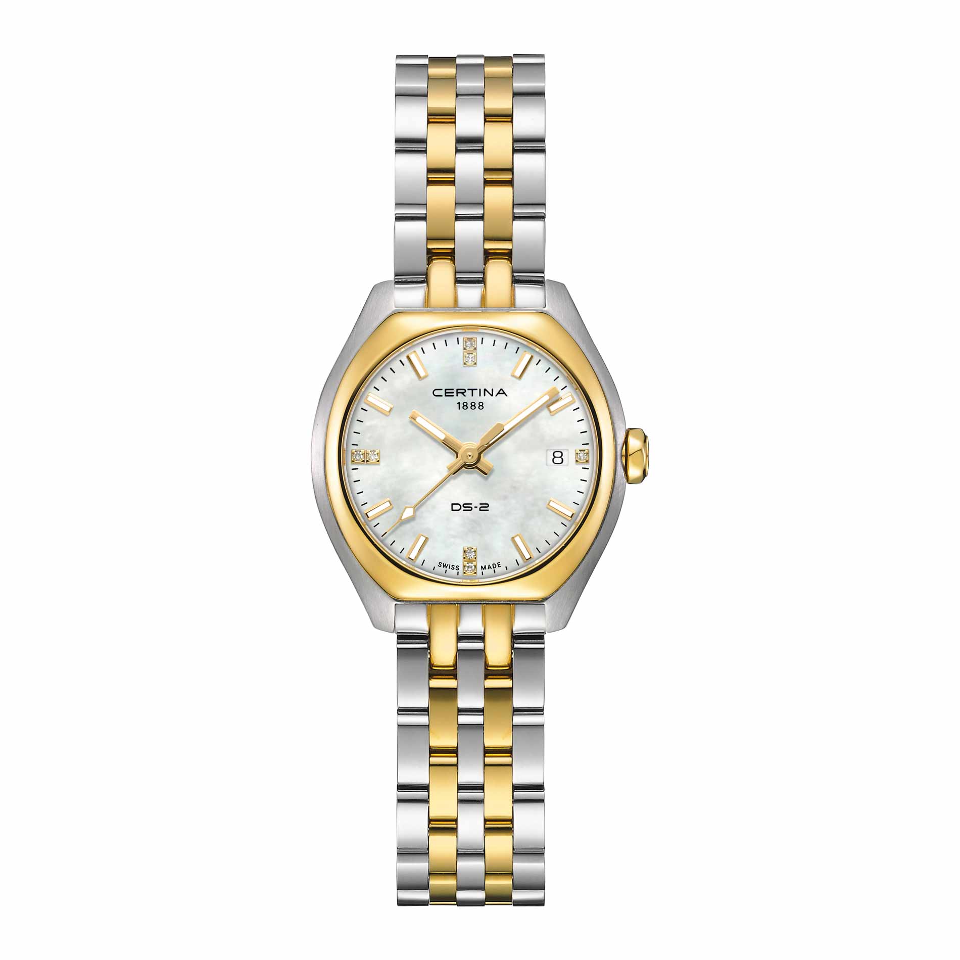 Certina DS-2 Lady 28 mm med perlemorsskive, diamanter og two-tone stållænke