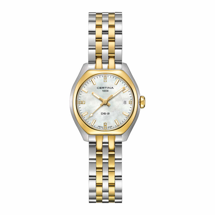 Certina DS-2 Lady 28 mm med perlemorsskive, diamanter og two-tone stållænke