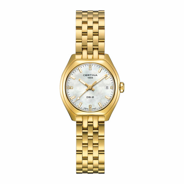 Certina DS-2 Lady 28 mm med perlemorsskive, diamanter og guldfarvet stållænke