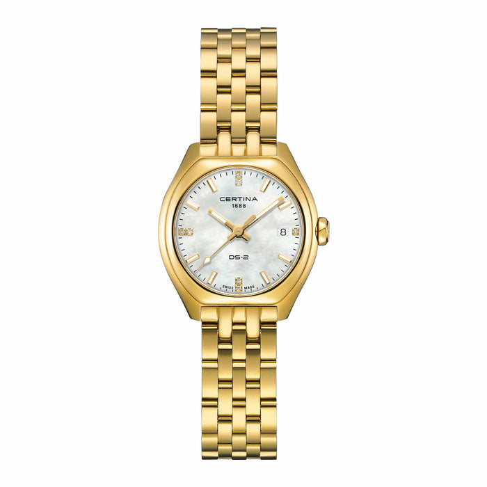 Certina DS-2 Lady 28 mm med perlemorsskive, diamanter og guldfarvet stållænke