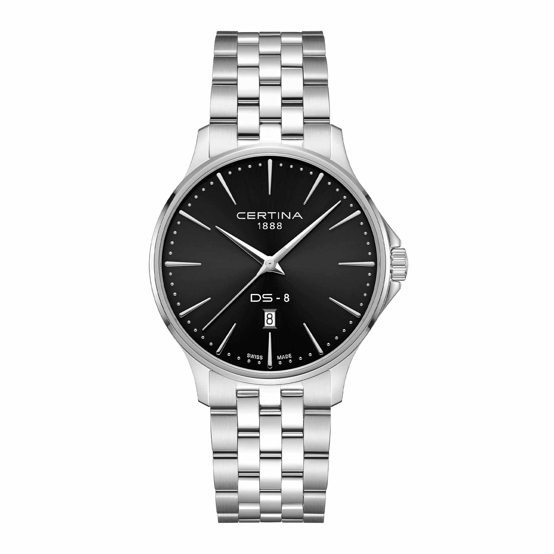 Certina DS-8 Gent herreur i 40 mm med sort urskive, sølvfarvet stållænke og safirglas