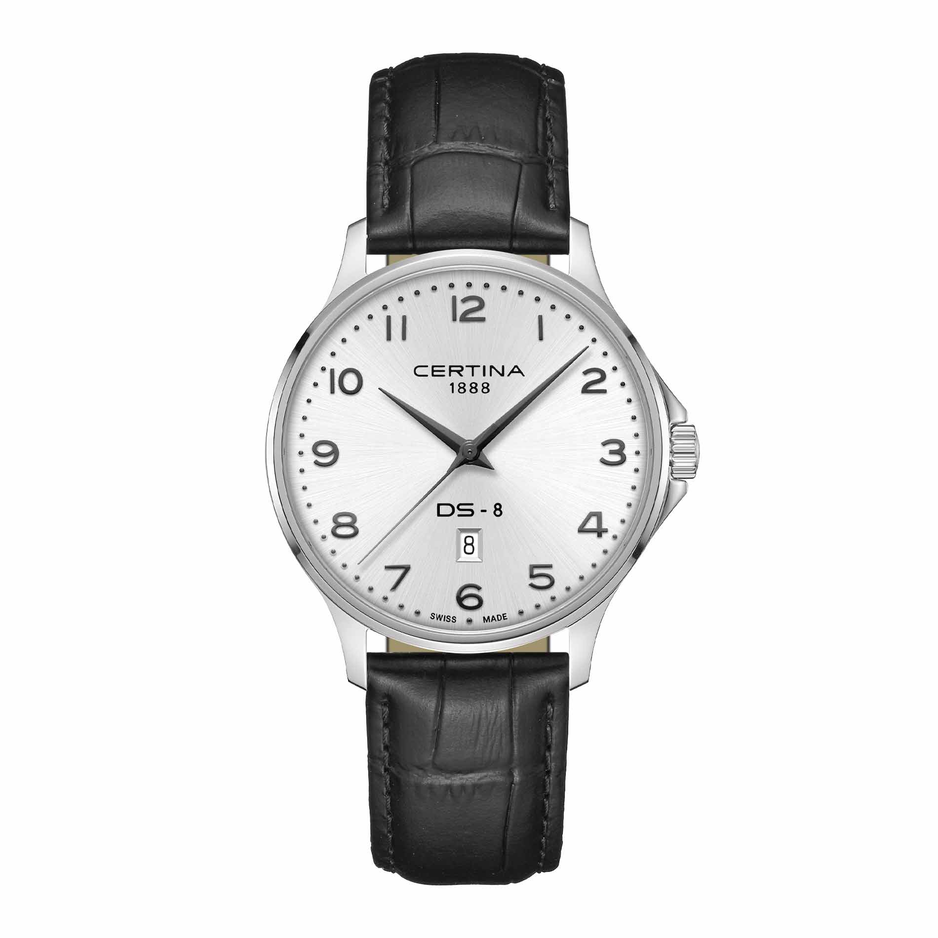 Certina DS-8 Gent herreur i 40 mm med sølvfarvet urskive, sort læderrem og safirglas