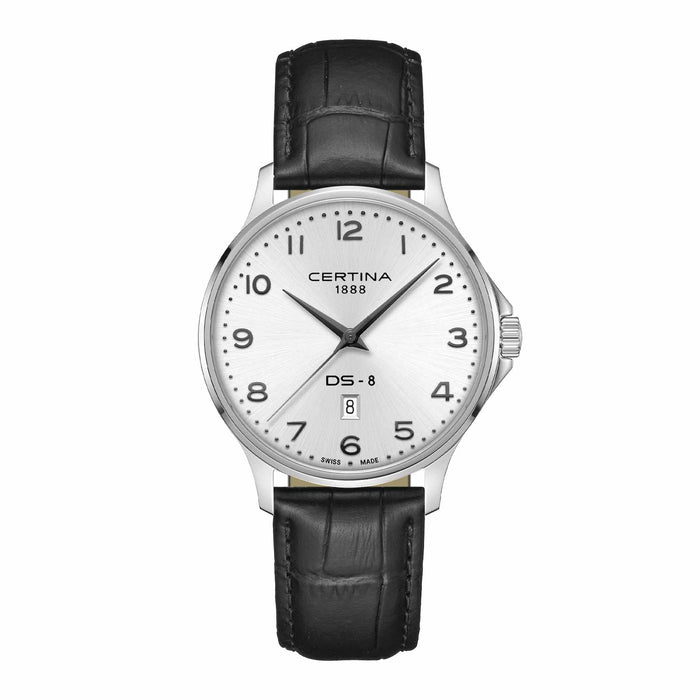 Certina DS-8 Gent herreur i 40 mm med sølvfarvet urskive, sort læderrem og safirglas