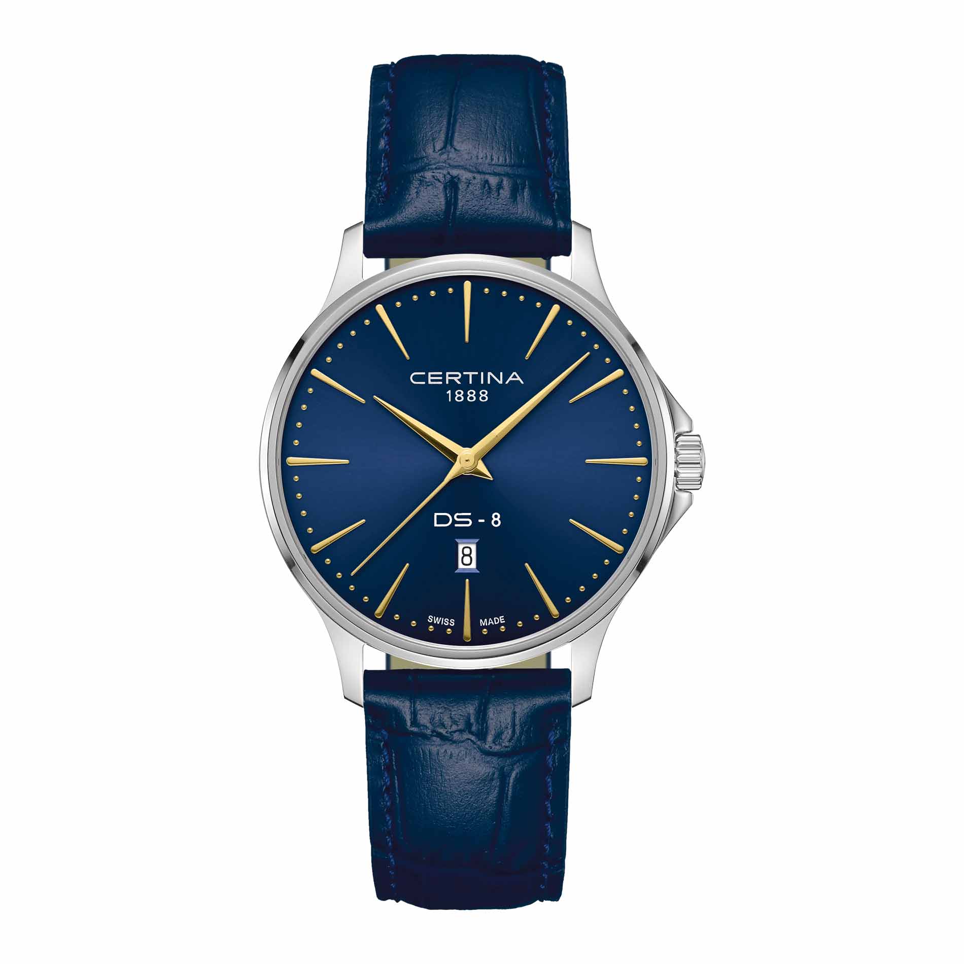 Certina DS-8 Gent herreur i 40 mm med blå urskive, gyldne detaljer, blå læderrem og safirglas