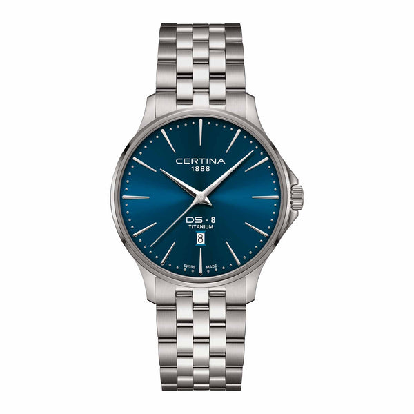 Certina DS-8 Gent herreur i 40 mm med blå urskive, titaniumlænke og safirglas