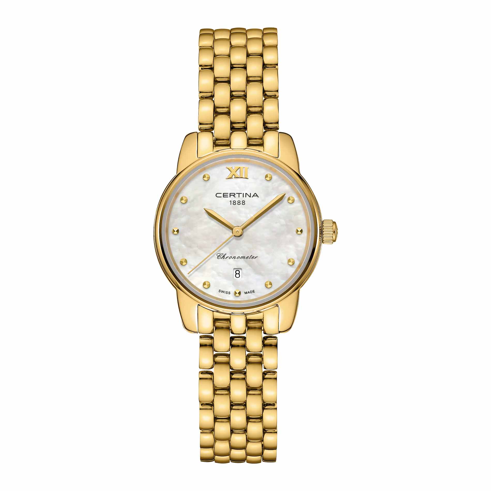 Certina DS-8 Lady dameur i 27 mm med gylden PVD-lænke og perlemorsskive