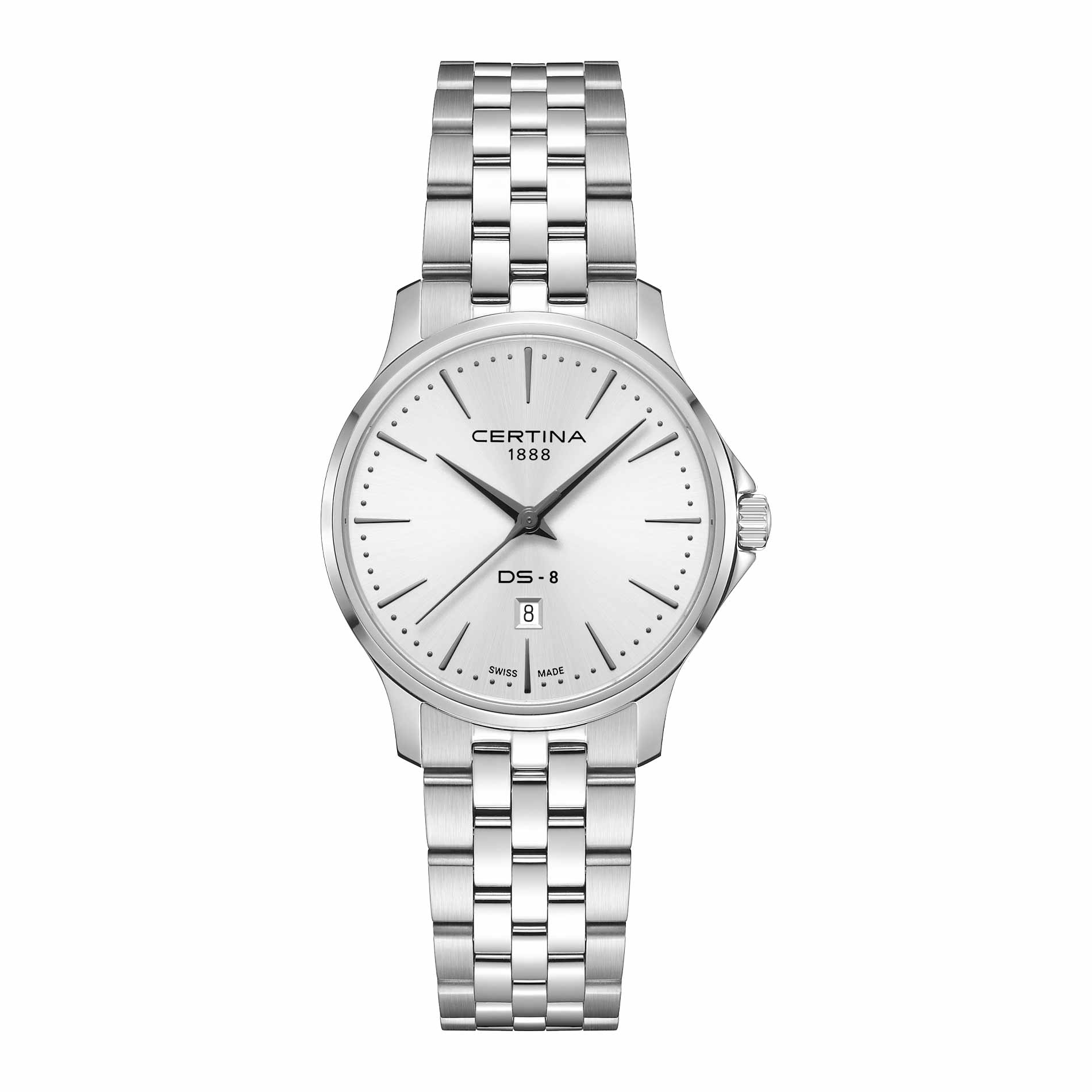 Certina DS-8 Lady dameur i 31 mm med hvid urskive, sølvfarvet stållænke og safirglas