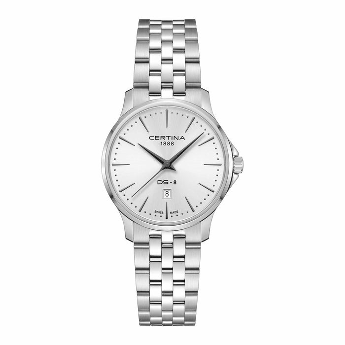 Certina DS-8 Lady dameur i 31 mm med hvid urskive, sølvfarvet stållænke og safirglas