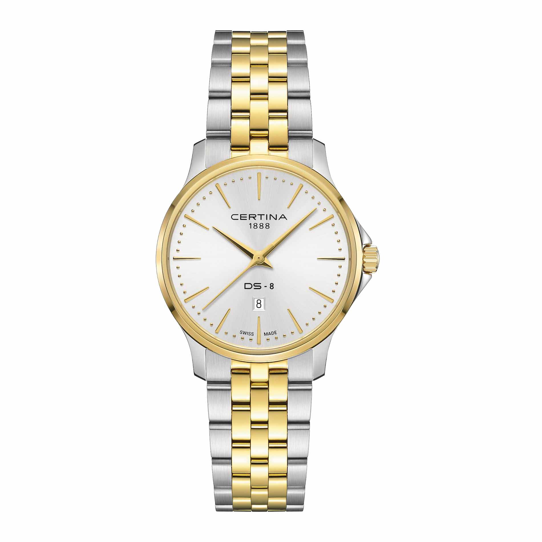 Certina DS-8 Lady dameur i 31 mm med bicolor PVD-lænke, sølvfarvet urskive og safirglas
