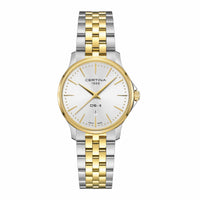 Certina DS-8 Lady dameur i 31 mm med bicolor PVD-lænke, sølvfarvet urskive og safirglas