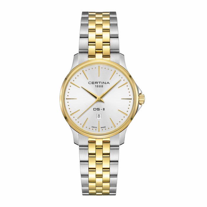 Certina DS-8 Lady dameur i 31 mm med bicolor PVD-lænke, sølvfarvet urskive og safirglas