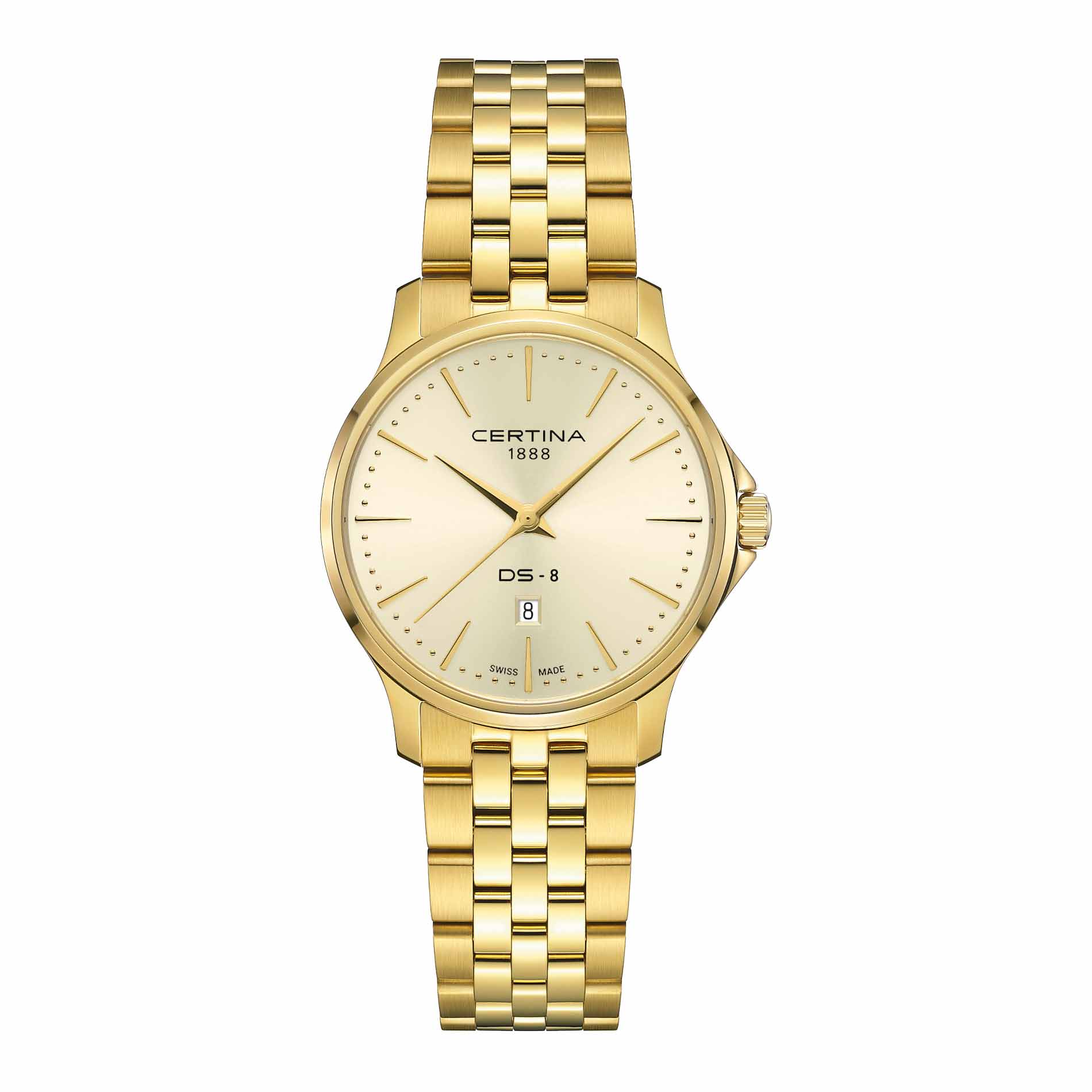 Certina DS-8 Lady dameur i 31 mm med gylden PVD-lænke, gylden urskive og safirglas