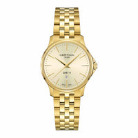 Certina DS-8 Lady dameur i 31 mm med gylden PVD-lænke, gylden urskive og safirglas