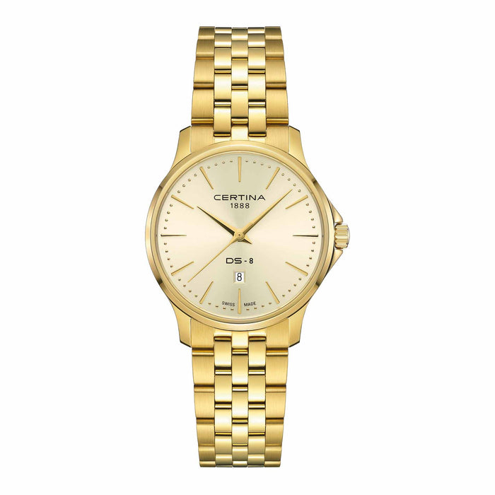 Certina DS-8 Lady dameur i 31 mm med gylden PVD-lænke, gylden urskive og safirglas