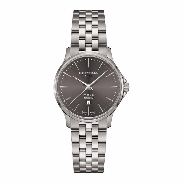 Certina DS-8 Lady dameur i 31 mm med grå urskive, titaniumlænke og safirglas