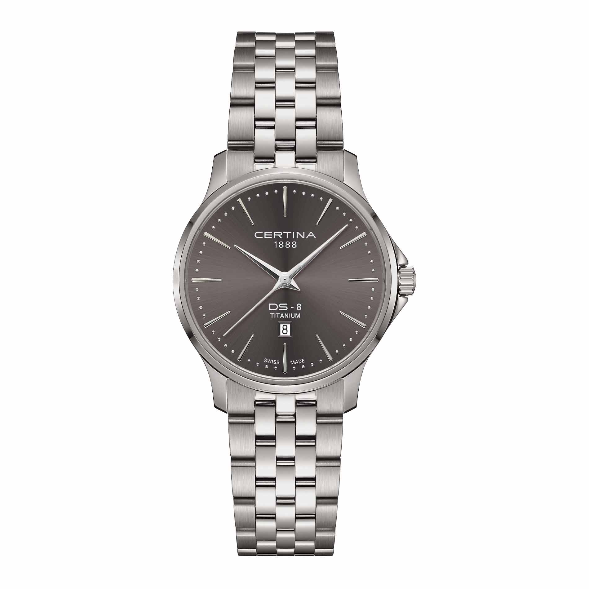 Certina DS-8 Lady dameur i 31 mm med grå urskive, titaniumlænke og safirglas