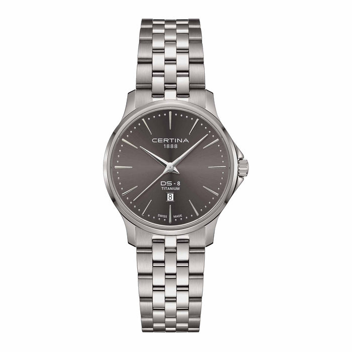 Certina DS-8 Lady dameur i 31 mm med grå urskive, titaniumlænke og safirglas