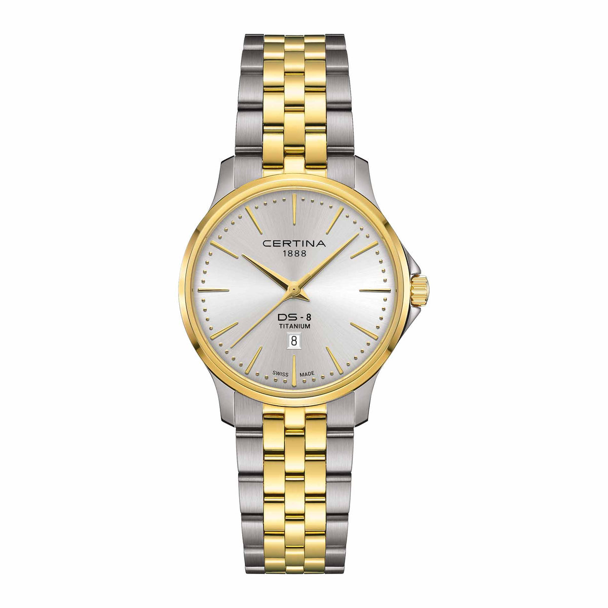 Certina DS-8 Lady dameur i 31 mm med bicolor titaniumlænke, sølvfarvet urskive og safirglas