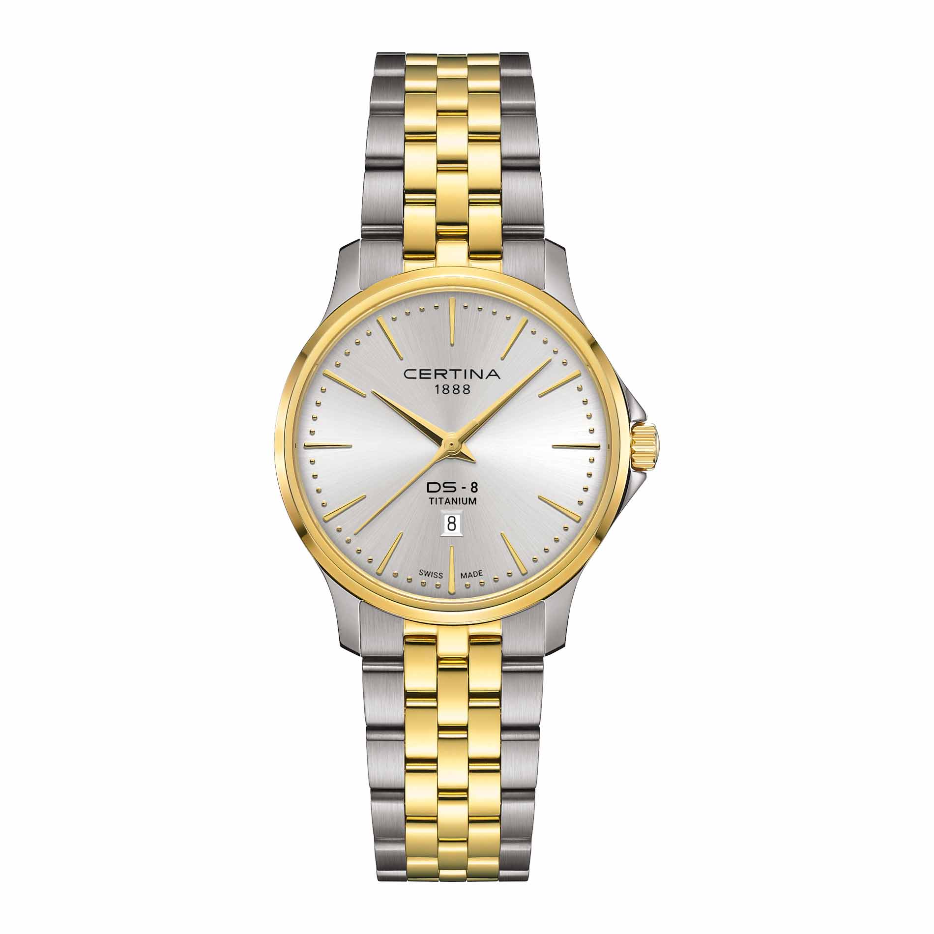Certina DS-8 Lady dameur i 31 mm med bicolor titaniumlænke, sølvfarvet urskive og safirglas