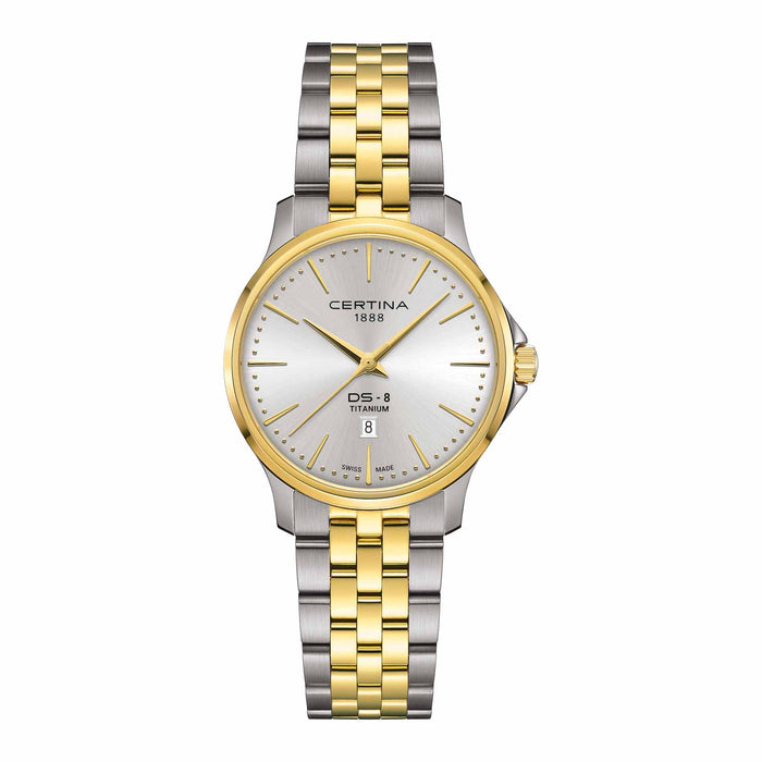 Certina DS-8 Lady dameur i 31 mm med bicolor titaniumlænke, sølvfarvet urskive og safirglas