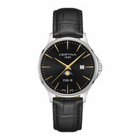 Certina DS-8 Moonphase Gent herreur i 38 mm med sort urskive, gyldne detaljer, sort læderrem og månefase