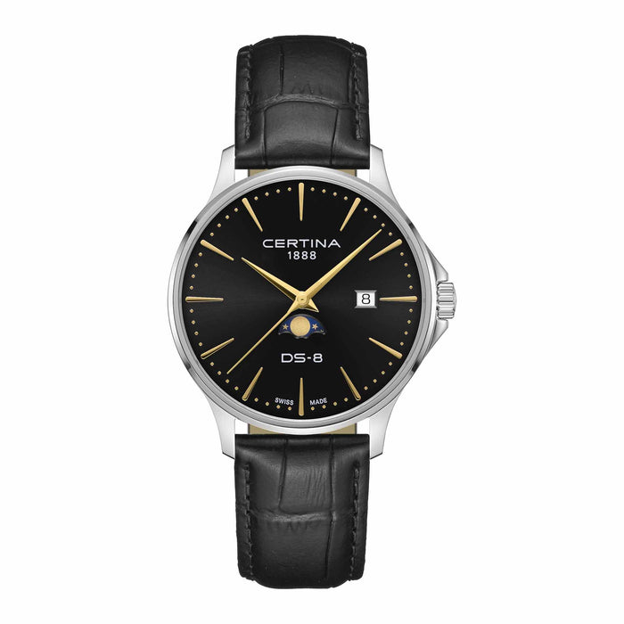 Certina DS-8 Moonphase Gent herreur i 38 mm med sort urskive, gyldne detaljer, sort læderrem og månefase