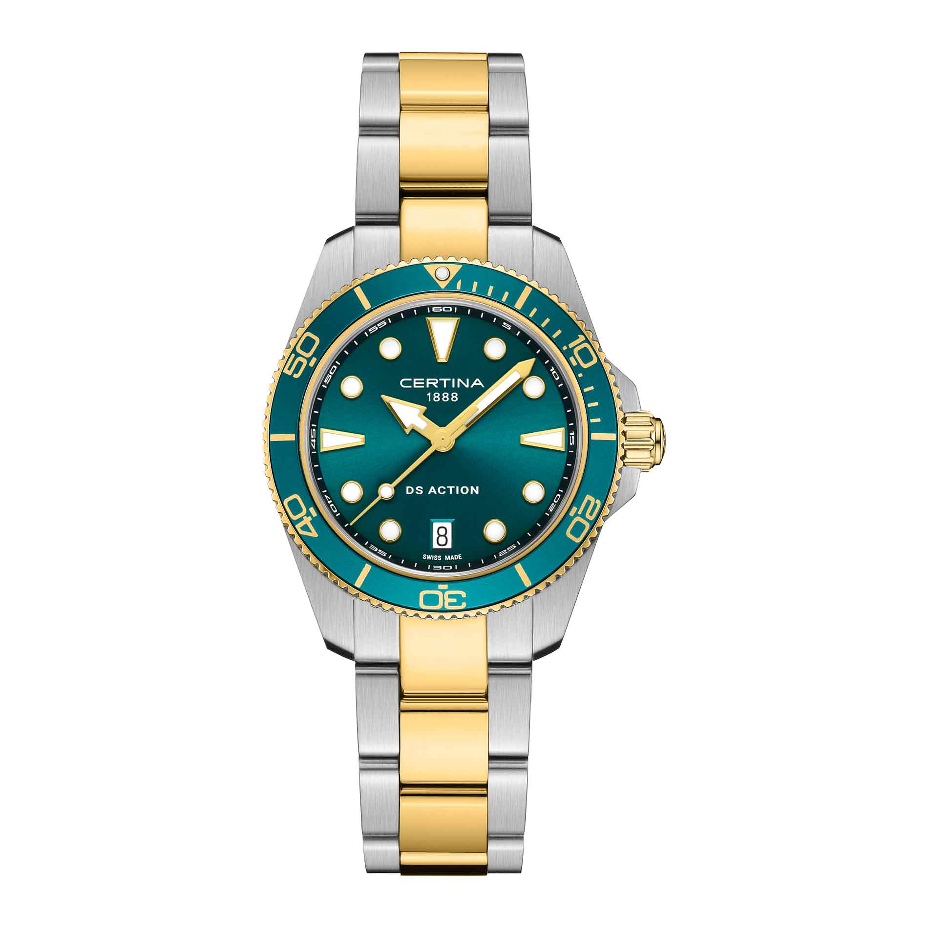 Certina DS Action dameur i 34,5 mm med grøn urskive, bicolor lænke og safirglas