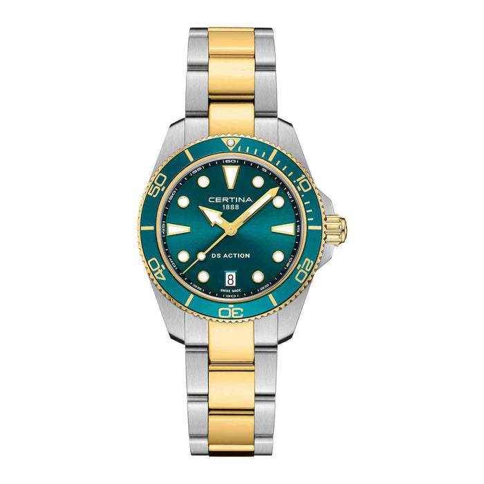 Certina DS Action dameur i 34,5 mm med grøn urskive, bicolor lænke og safirglas