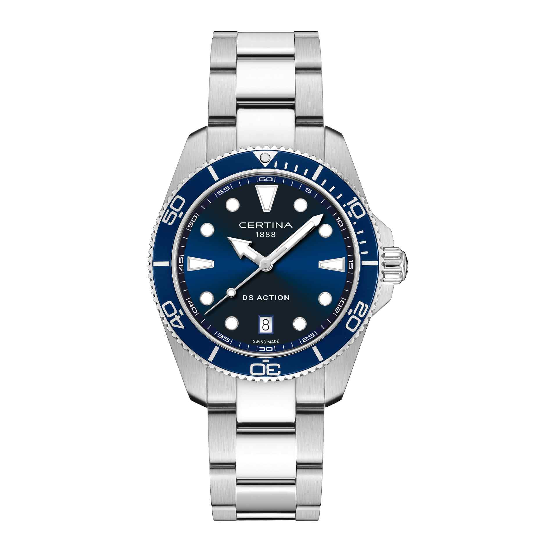 Certina DS Action herreur i 40 mm med blå urskive, sølvfarvet stållænke, blå bezel og safirglas