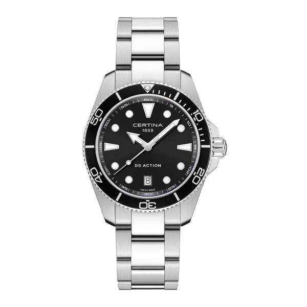 Certina DS Action herreur i 40 mm med sort urskive, sølvfarvet stållænke, sort bezel og safirglas