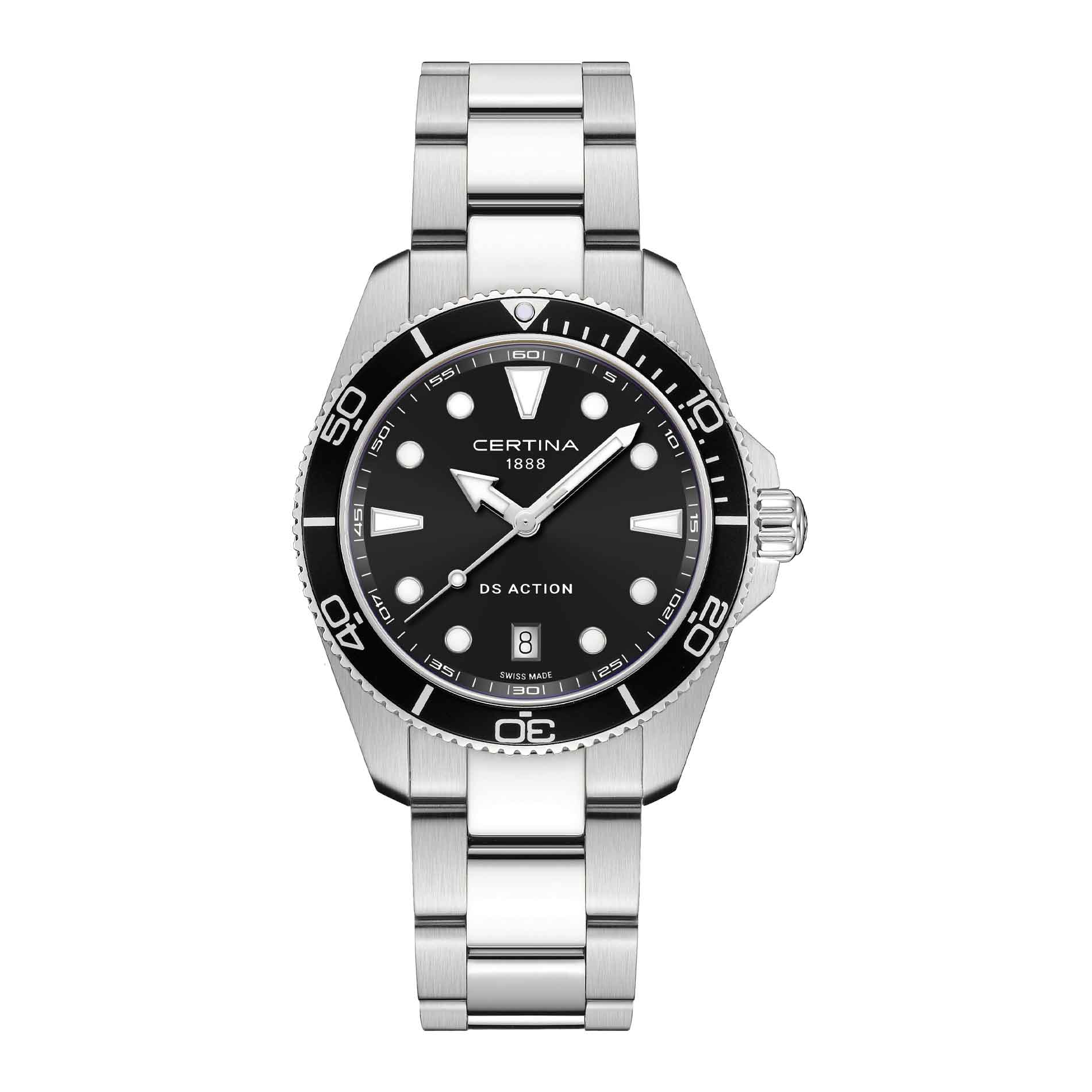 Certina DS Action herreur i 40 mm med sort urskive, sølvfarvet stållænke, sort bezel og safirglas