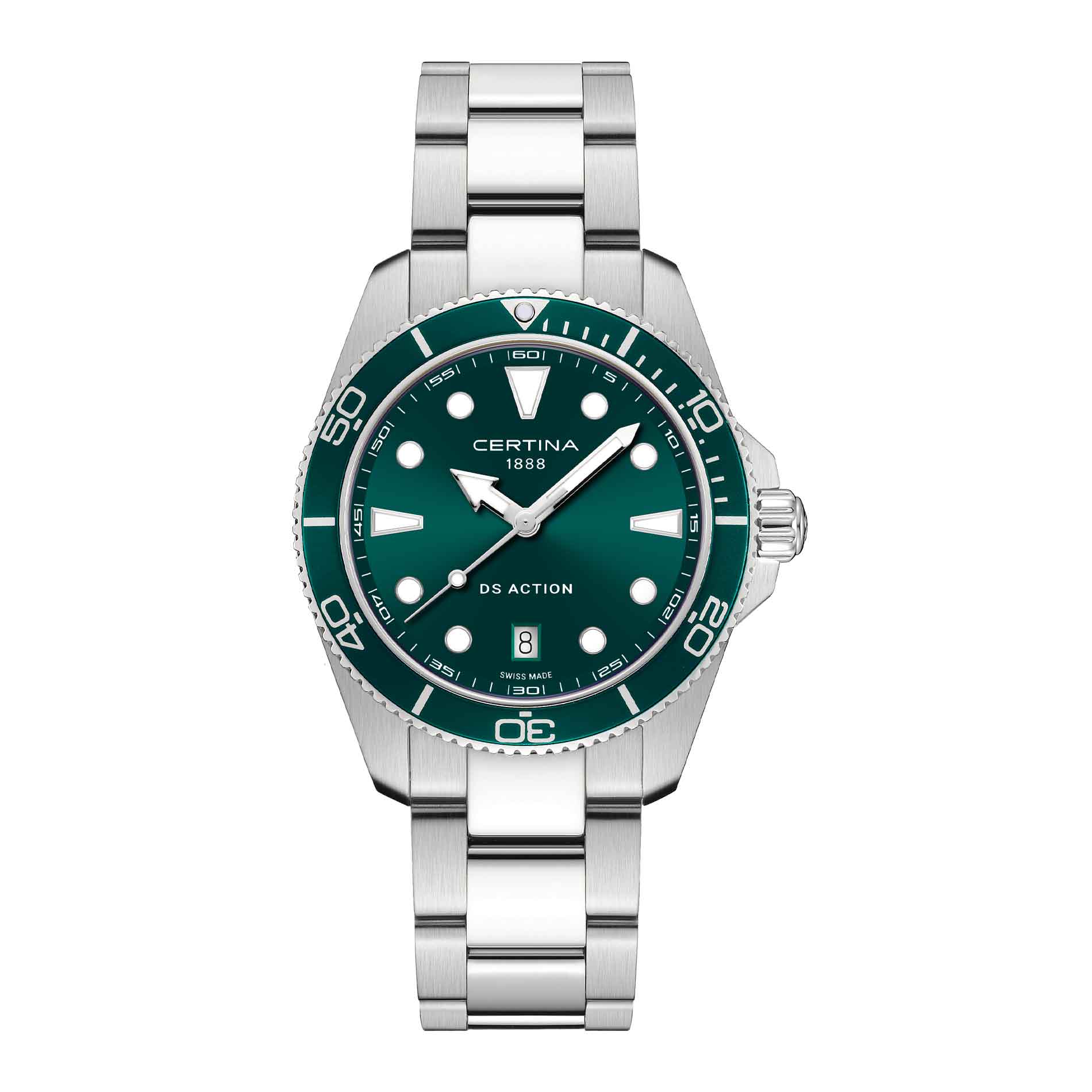 Certina DS Action herreur i 40 mm med grøn urskive, sølvfarvet stållænke, grøn bezel og safirglas