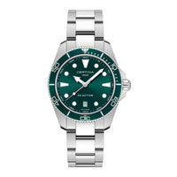 Certina DS Action herreur i 40 mm med grøn urskive, sølvfarvet stållænke, grøn bezel og safirglas