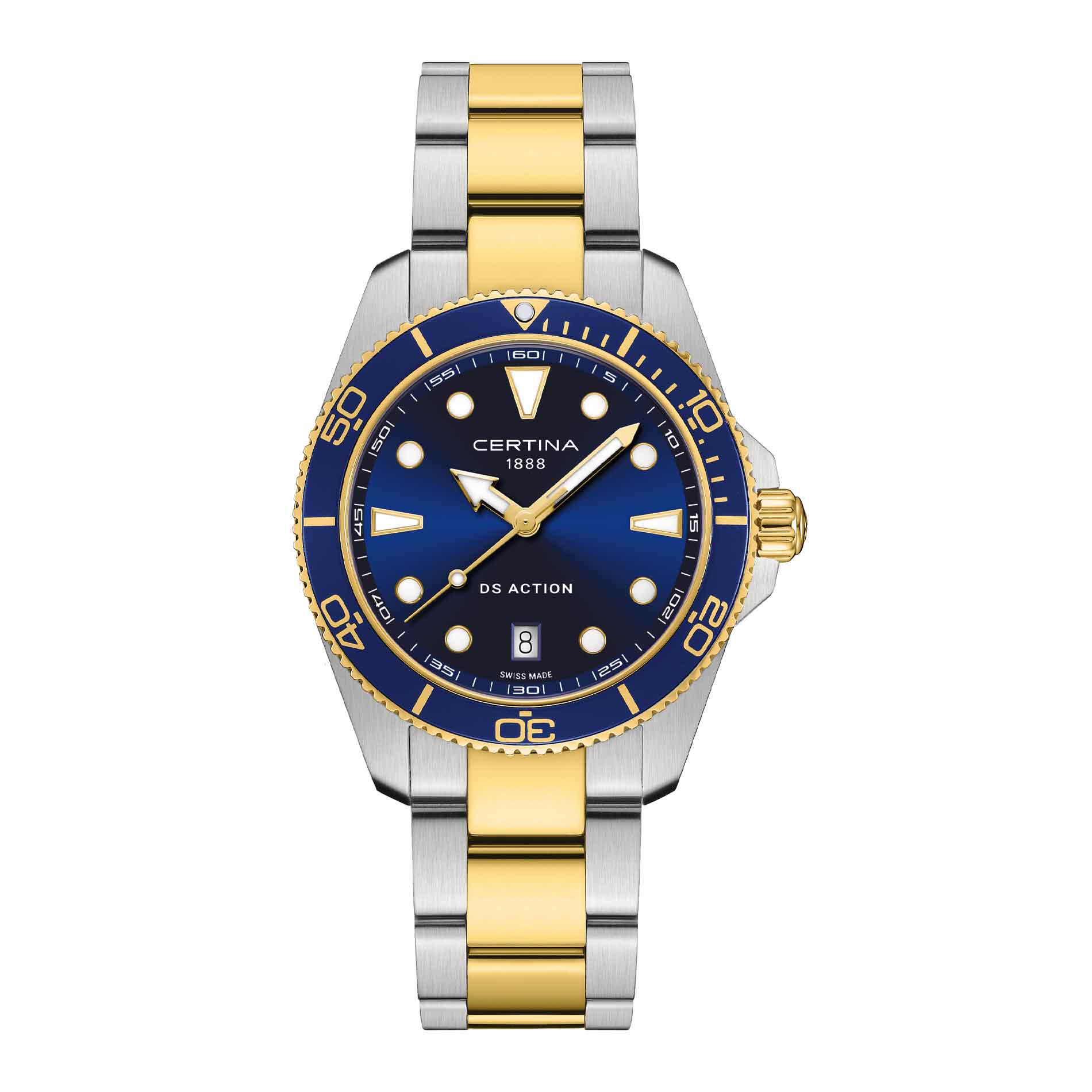 Certina DS Action herreur i 40 mm med blå urskive, bicolor stållænke, gyldne detaljer og safirglas