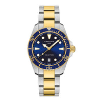 Certina DS Action herreur i 40 mm med blå urskive, bicolor stållænke, gyldne detaljer og safirglas