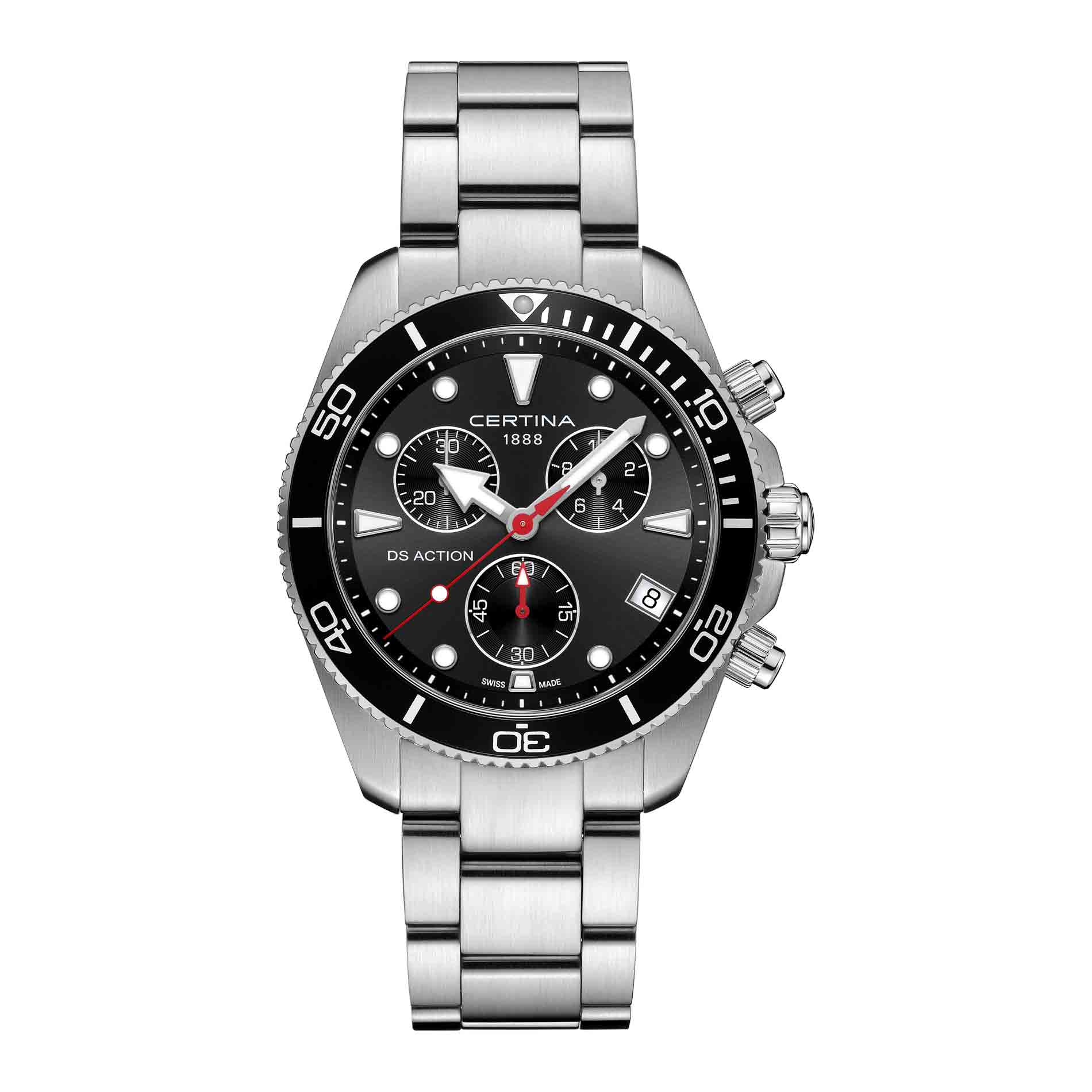 Certina DS Action Chrono herreur i 42 mm med sort urskive, sort bezel og stållænke