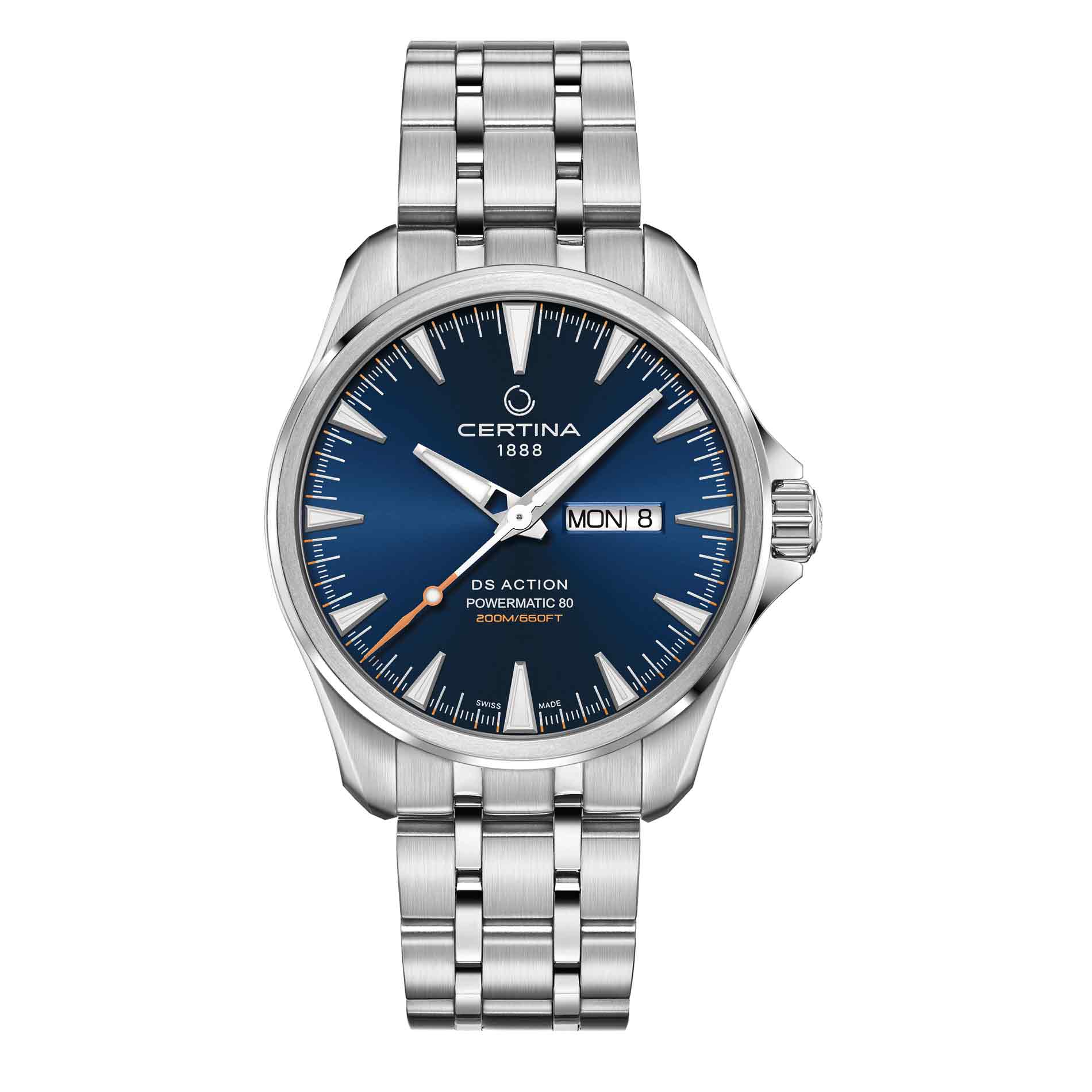 Certina DS Action Day Date Powermatic 80 herreur i 41 mm med blå urskive og stållænke