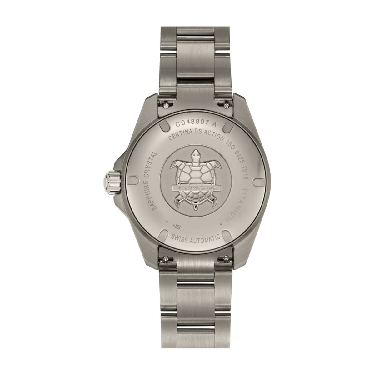 Bagside på Certina DS Action Diver 38 mm titanium med Certinas skildpaddelogo