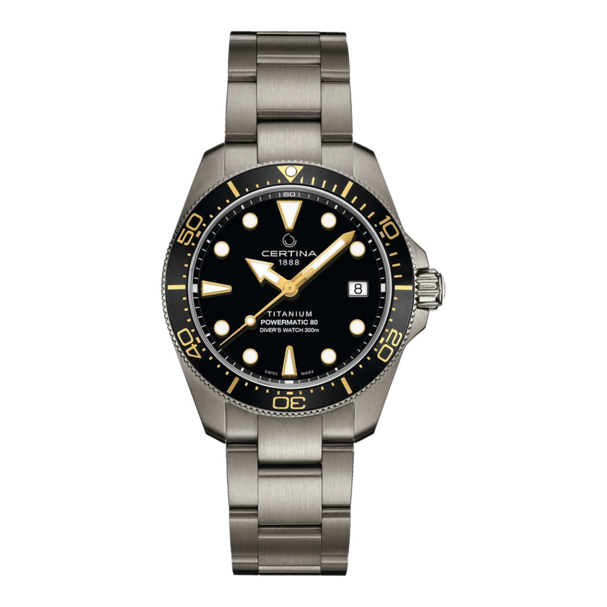Certina DS Action Diver 38 mm i titanium med sort urskive, sort keramisk lynette og titaniumlænke – forfra