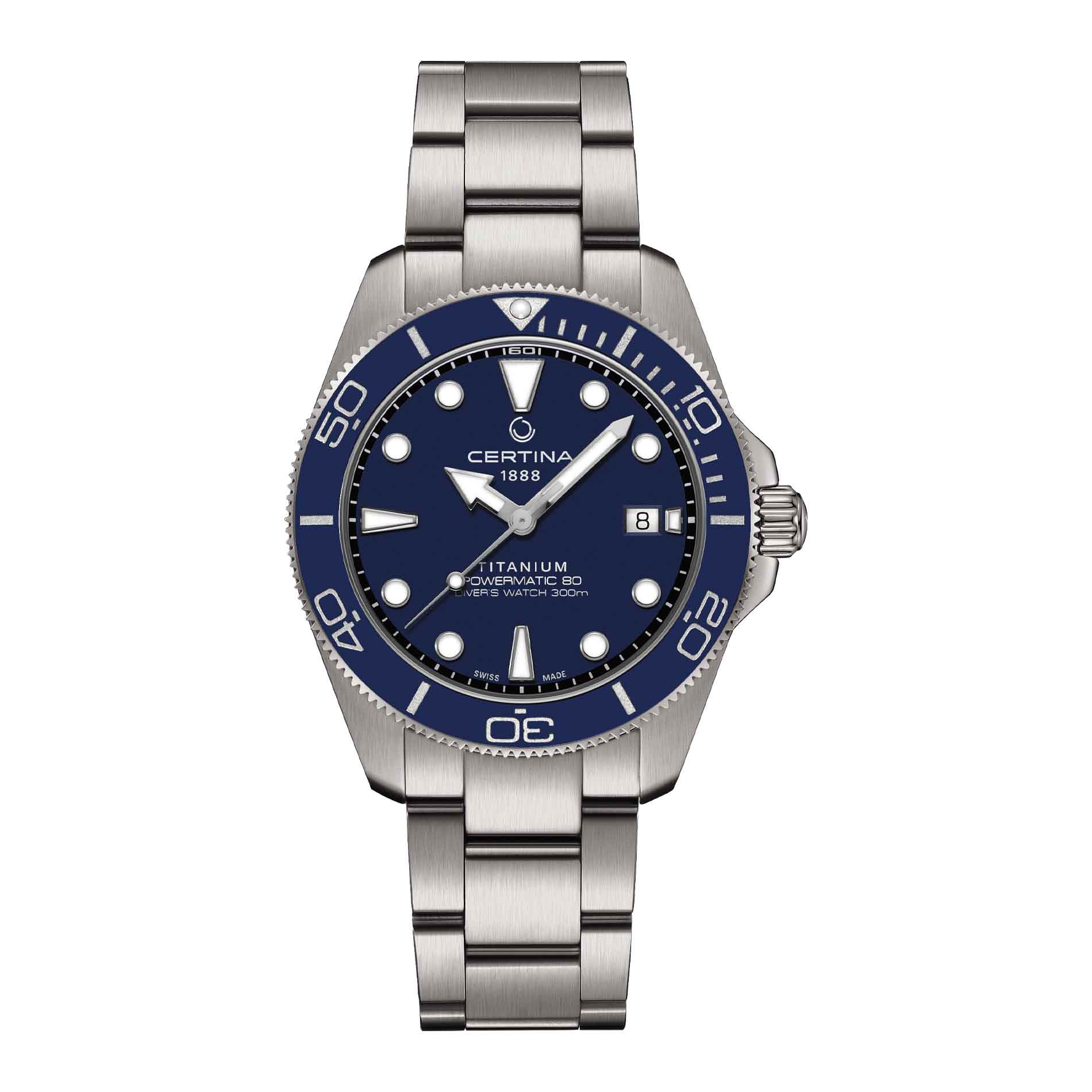 Certina DS Action Diver herreur i 40,5 mm med blå urskive, titaniumlænke, keramisk bezel og safirglas
