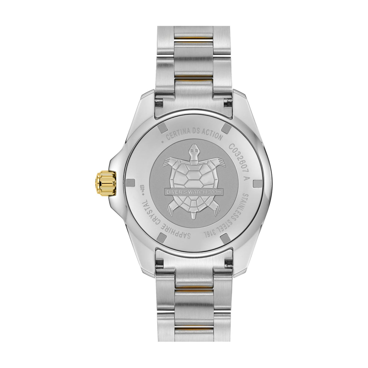 Bagside på Certina DS Action Diver 43 mm med skildpaddelogo
