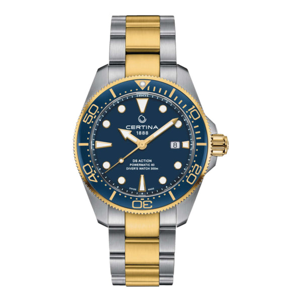 Certina DS Action Diver 43 mm herreur med blå urskive, blå keramisk lynette og tofarvet lænke – forfra