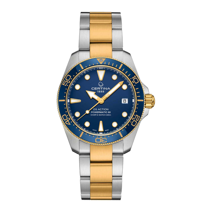 Certina DS Action Diver Powermatic 80 38 mm med blå urskive, keramisk bezel og tofarvet stållænke