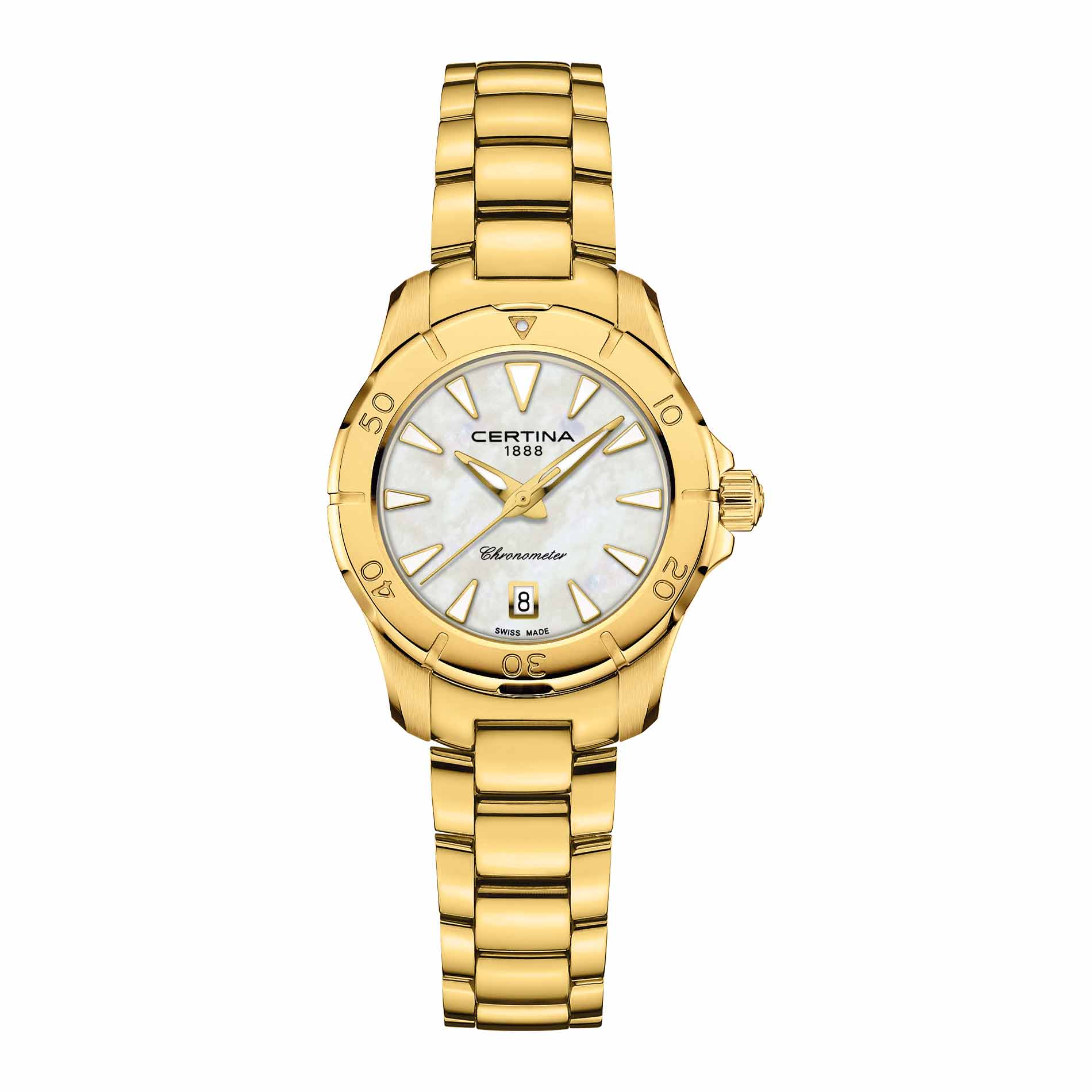 Certina DS Action Lady dameur i 29 mm med gylden PVD-lænke og perlemorsskive