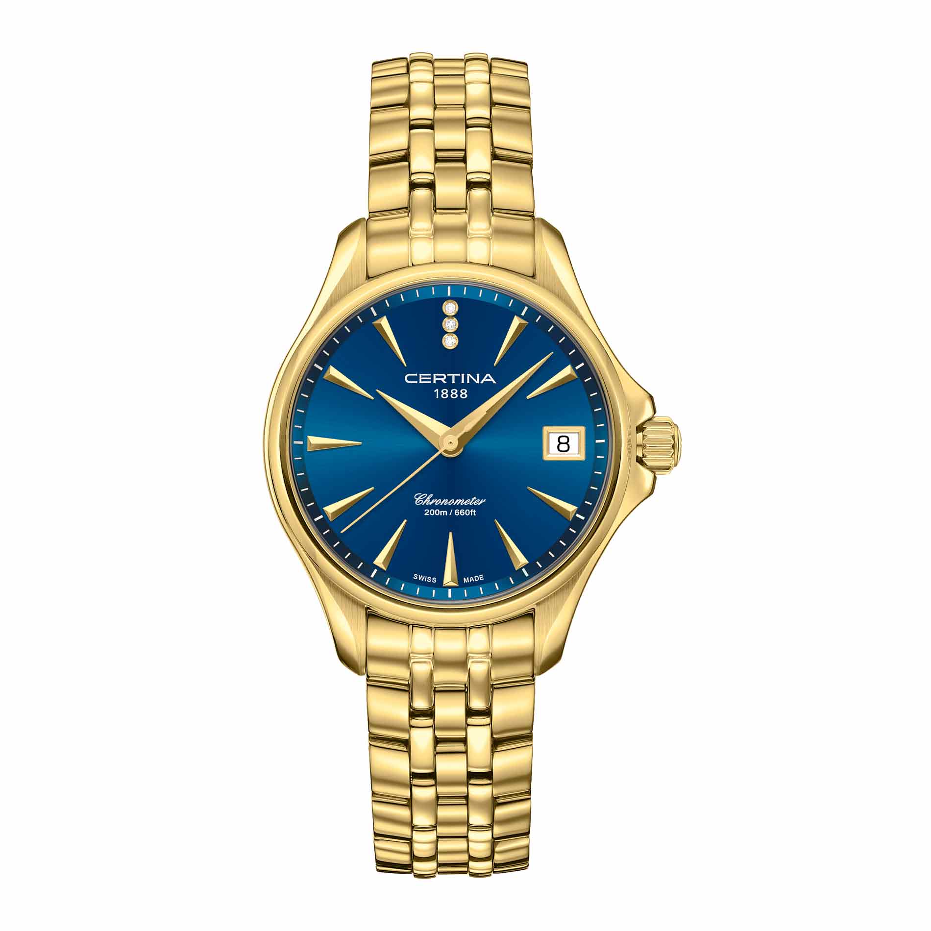 Certina DS Action Lady Diamonds dameur i 34 mm med gylden PVD-lænke, blå urskive og diamanter