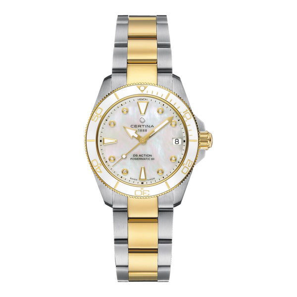 Certina DS Action Powermatic 80 dameur 34,5 mm med hvid perlemorsskive, diamanter og tofarvet lænke – forfra