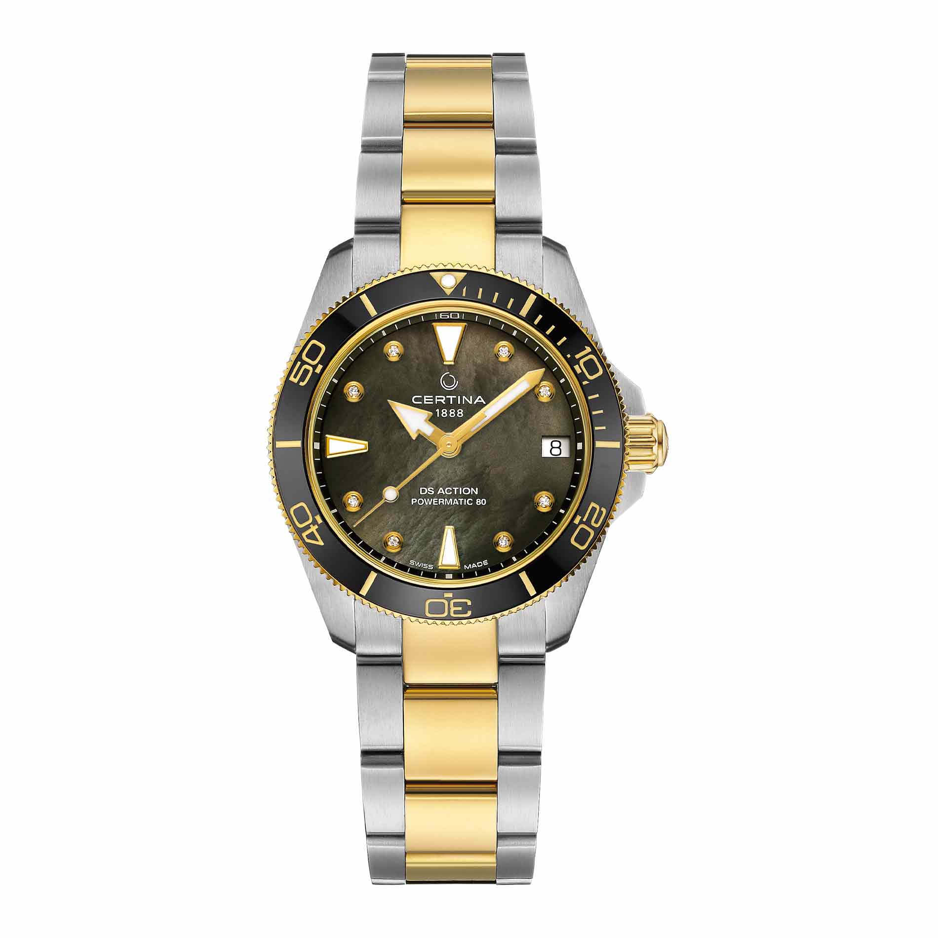 Certina DS Action Powermatic 80 dameur i 34,5 mm med tofarvet lænke, perlemorsskive og diamanter