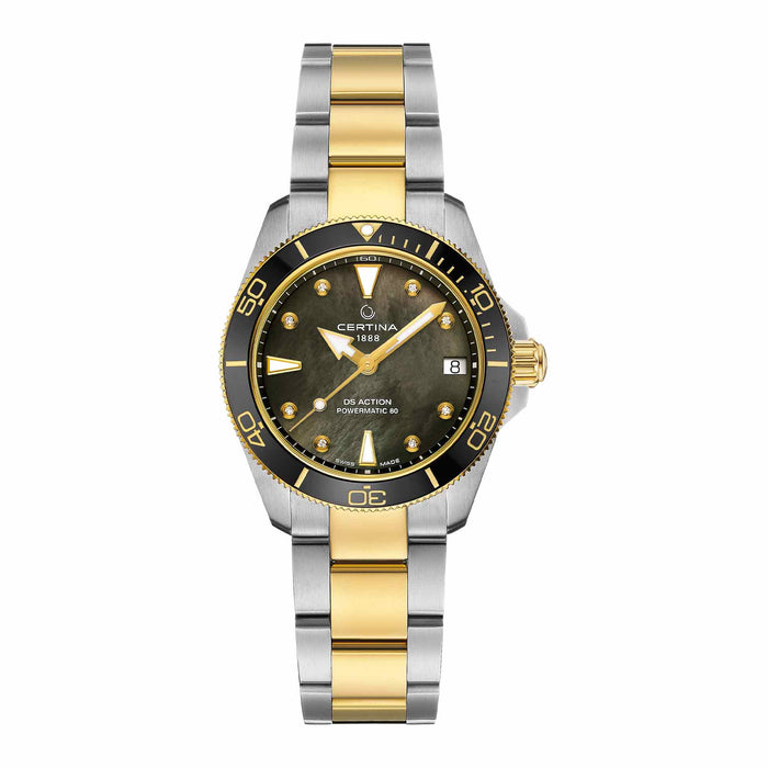 Certina DS Action Powermatic 80 dameur i 34,5 mm med tofarvet lænke, perlemorsskive og diamanter