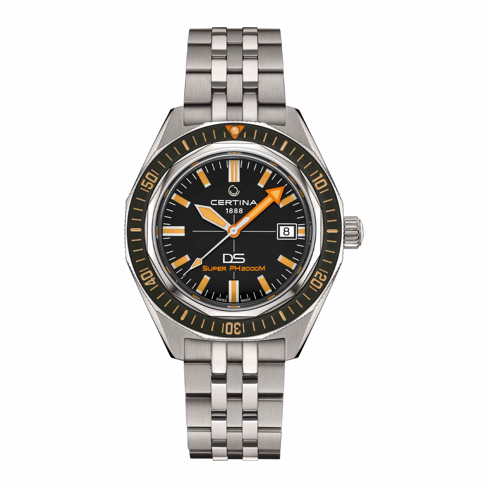 Certina DS SUPER PH2000M 43 mm med sort urskive, orange detaljer og titaniumarmbånd