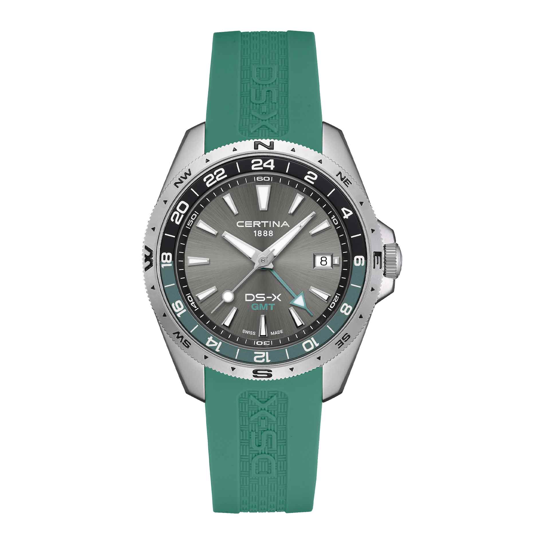 Certina DS-X GMT herreur i 41 mm med grå urskive, grøn gummirem, GMT og safirglas